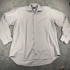 David Donahue Mens 16 34/35 Blue Tan Plaid Cotton Button Down Dress Shirt